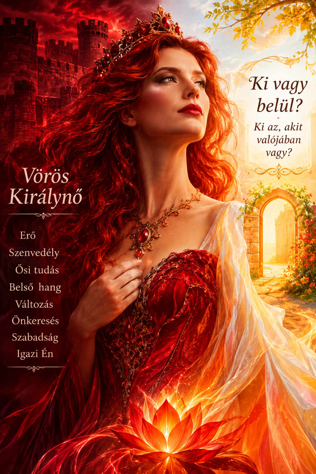 Művészi illusztráció egy királynői jelenletről. A kép közepén egy elegáns, vörös hajú, ékköves koronát viselő nő látható, aki mélyvörös, arany hímzésű ruhát és nyakláncot hord. Előtte egy izzó, narancssárga lótuszvirág ragyog. A bal oldalon baljós, vörös égbolt és sötét várfalak emelkednek, míg a jobb oldalon meleg, aranyló napsütés és egy növényekkel futtatott nyitott kapu látható. A képen díszes betűkkel a „Vörös Királynő” és a „Ki vagy belül?” feliratok szerepelnek.